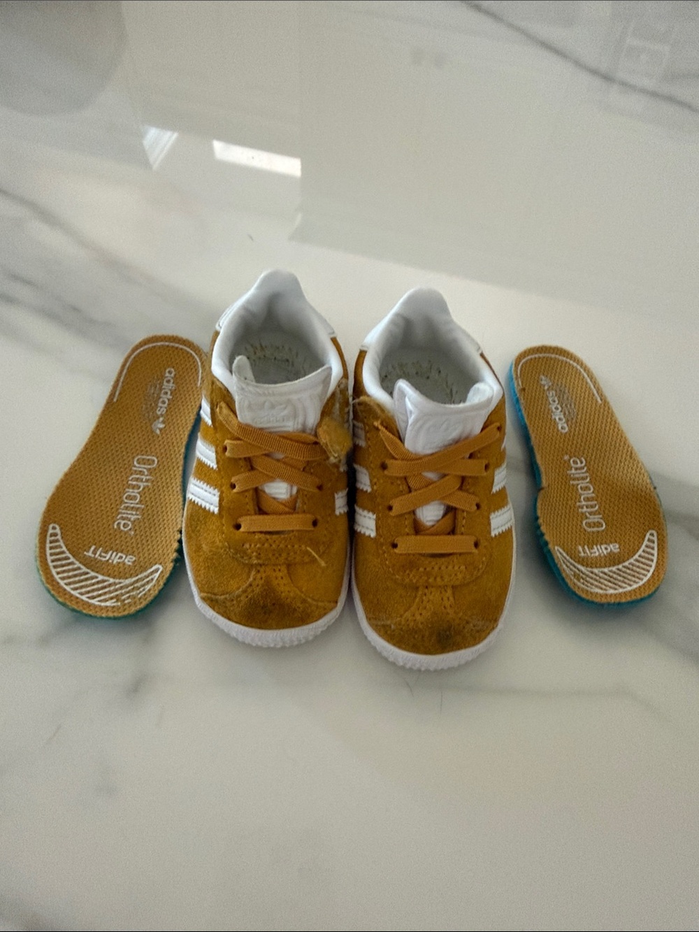 adidas  Walker Kids Suede Sneaker in Mustard Yellow with White Stripes